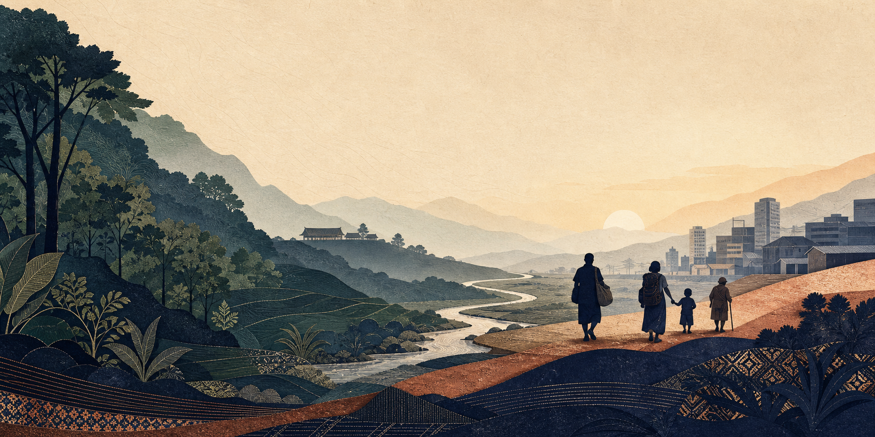Editorial illustration connecting the Central Highlands with an urban landscape in Thailand