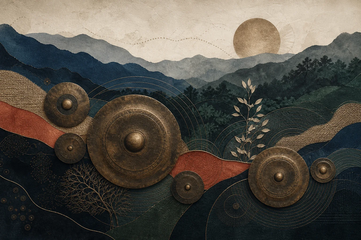 Abstract bronze gong forms across layered highland contours