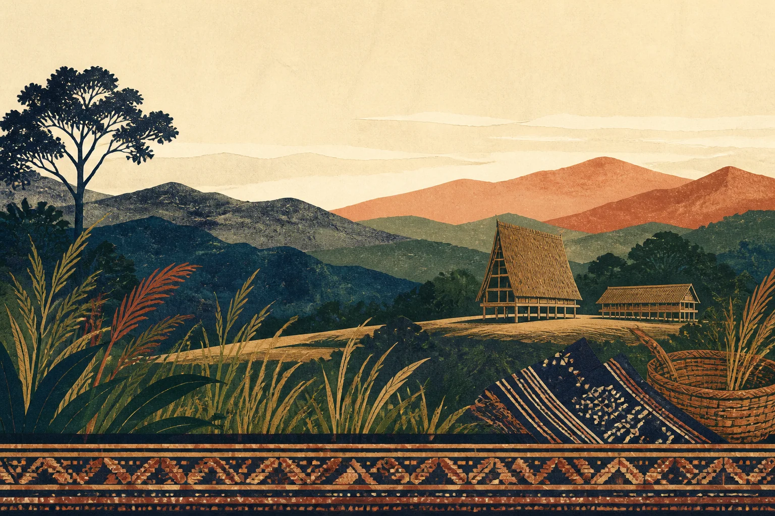 Editorial illustration of Central Highlands ridgelines, vegetation, and stilted architecture